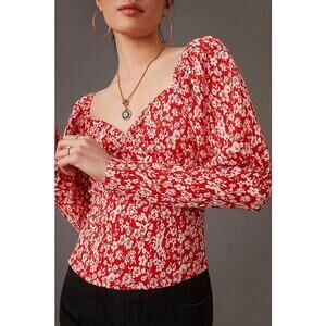By Anthropologie Red Floral Gathered Statement Blouse Spring Vibrant Size Small